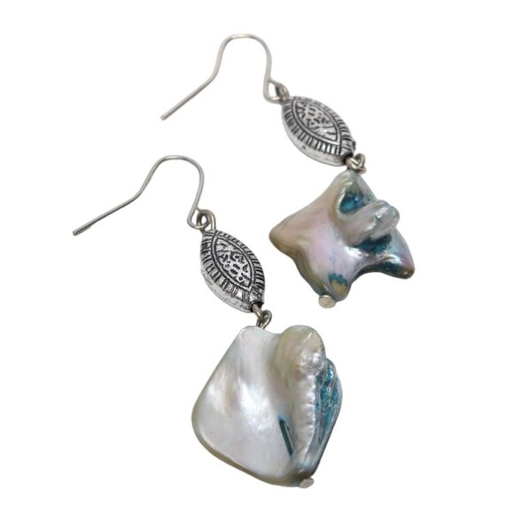 Vintage Iridescent Pearl Mother of Pearl Shell Necklace & Earring Set White Blue - Picture 8 of 12